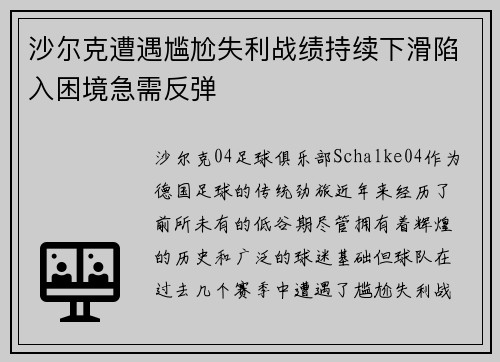 沙尔克遭遇尴尬失利战绩持续下滑陷入困境急需反弹