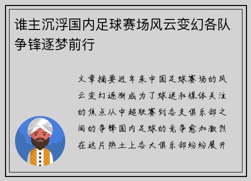 谁主沉浮国内足球赛场风云变幻各队争锋逐梦前行