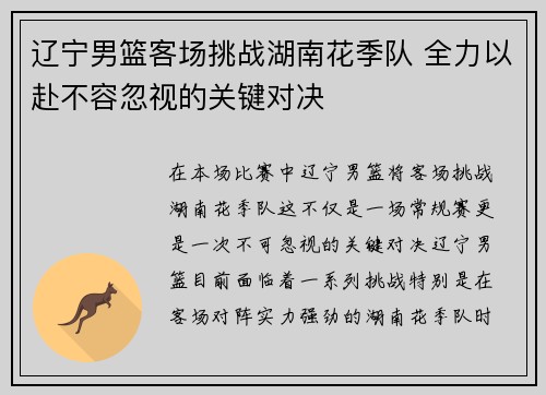 辽宁男篮客场挑战湖南花季队 全力以赴不容忽视的关键对决